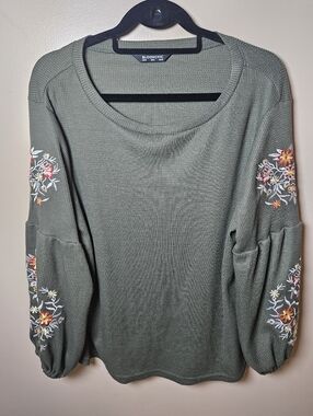 Bloomchic Green Floral Embroidered Waffle Knit Balloon Sleeve Shirt Blouse 12 XL